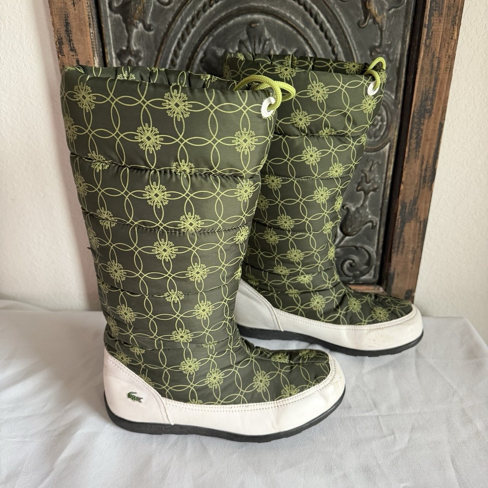 Lacoste Snug Green Snowflake Puffer Snow Boots Sz 8 Drawstring Knee‎ Hi